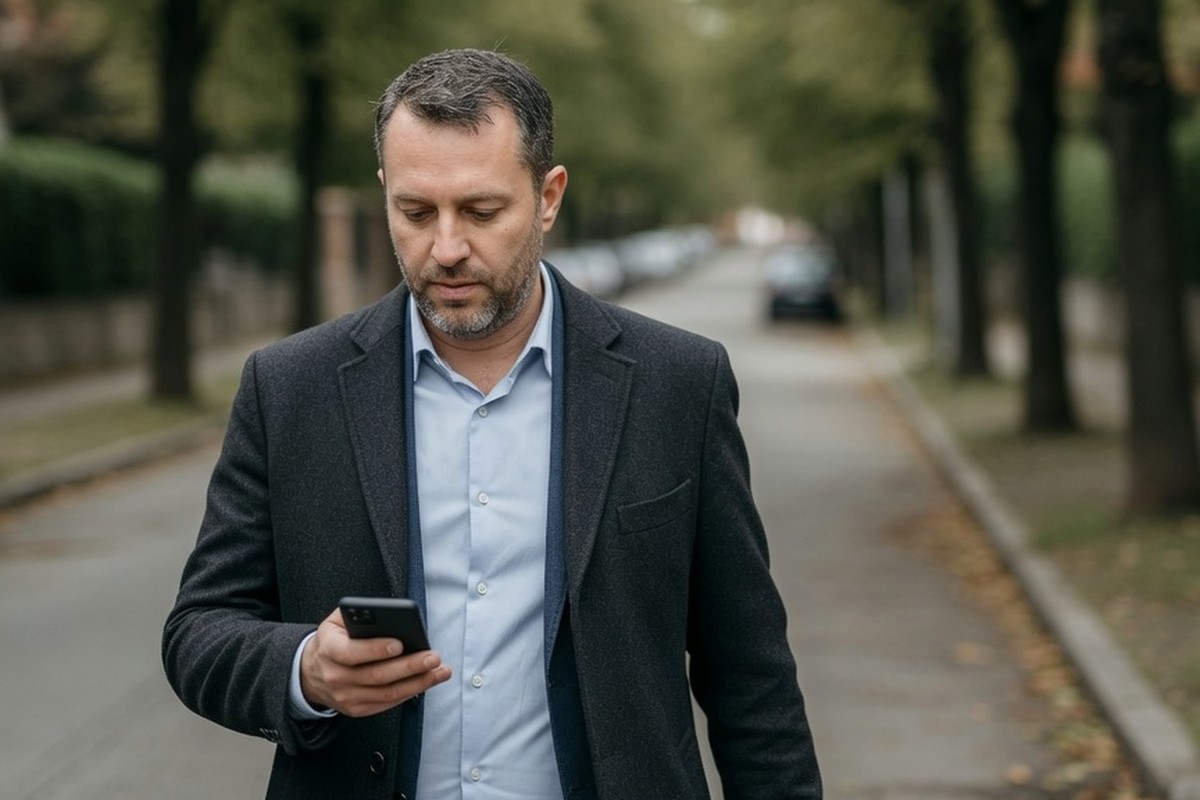 Homme vérifiant son smartphone pendant une marche urbaine en lumière douce.