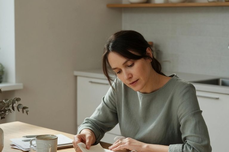 Femme consultant son agenda à table près d'une fenêtre