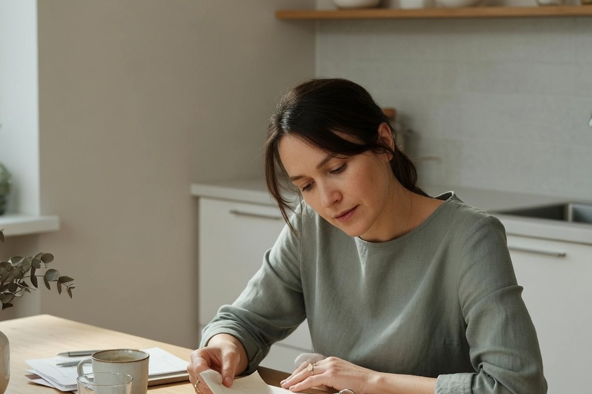 Femme consultant son agenda à table près d'une fenêtre