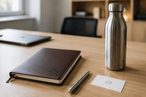 Objets publicitaires haut de gamme sur un bureau design – illustration d’une stratégie de communication par l’objet.