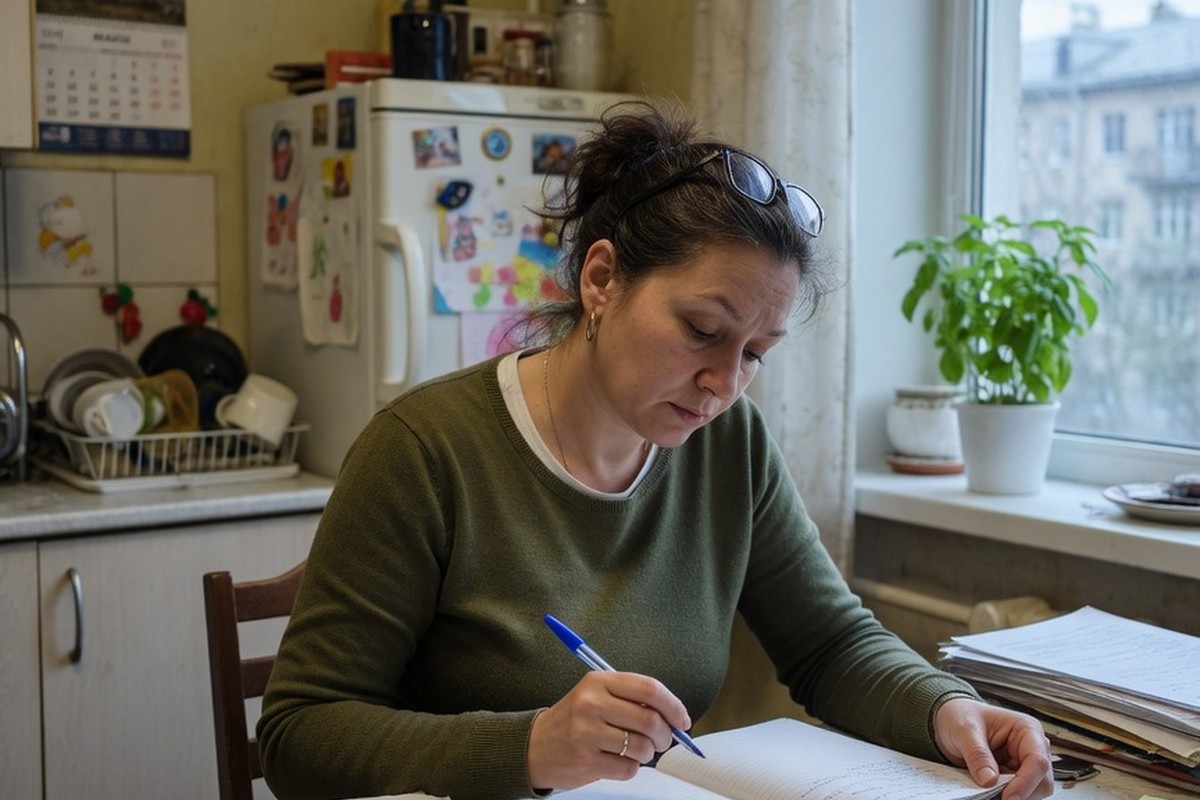 Femme examinant ses documents financiers à la table de cuisine