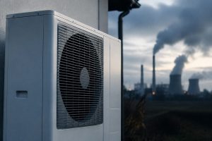 Pompe à chaleur blanche installée sur un mur extérieur avec usine en arrière-plan flou