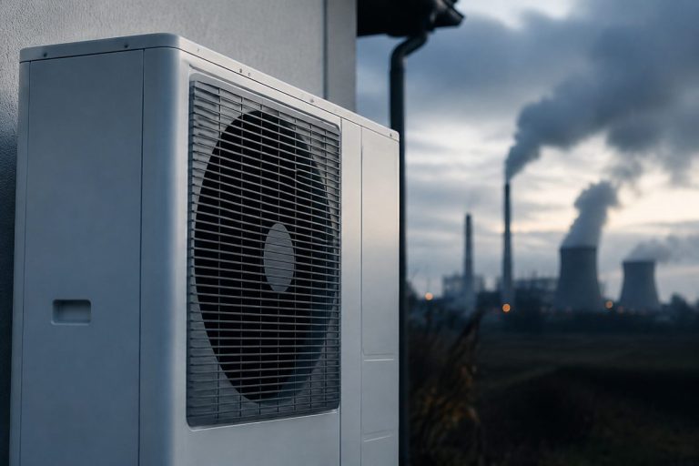 Pompe à chaleur blanche installée sur un mur extérieur avec usine en arrière-plan flou
