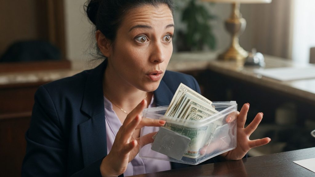 Femme surprise tenant un portefeuille transparent rempli de billets à une réception