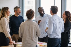 Équipe qui échange et rit lors d'un atelier de team building en entreprise pour renforcer la cohésion