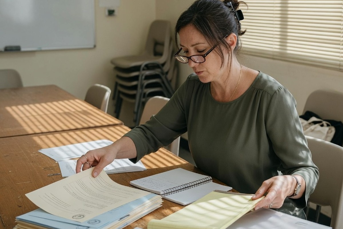 Femme organisant ses documents dans une salle de préparation au concours