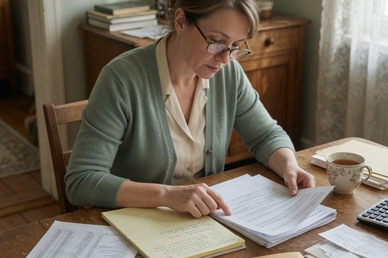 Femme consultant des documents financiers à table sous lumière naturelle