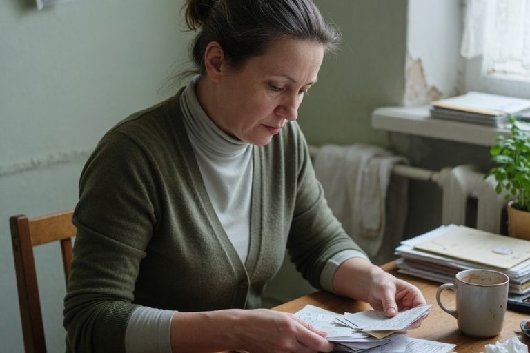 Femme de quarante ans triant des papiers à table dans sa cuisine.
