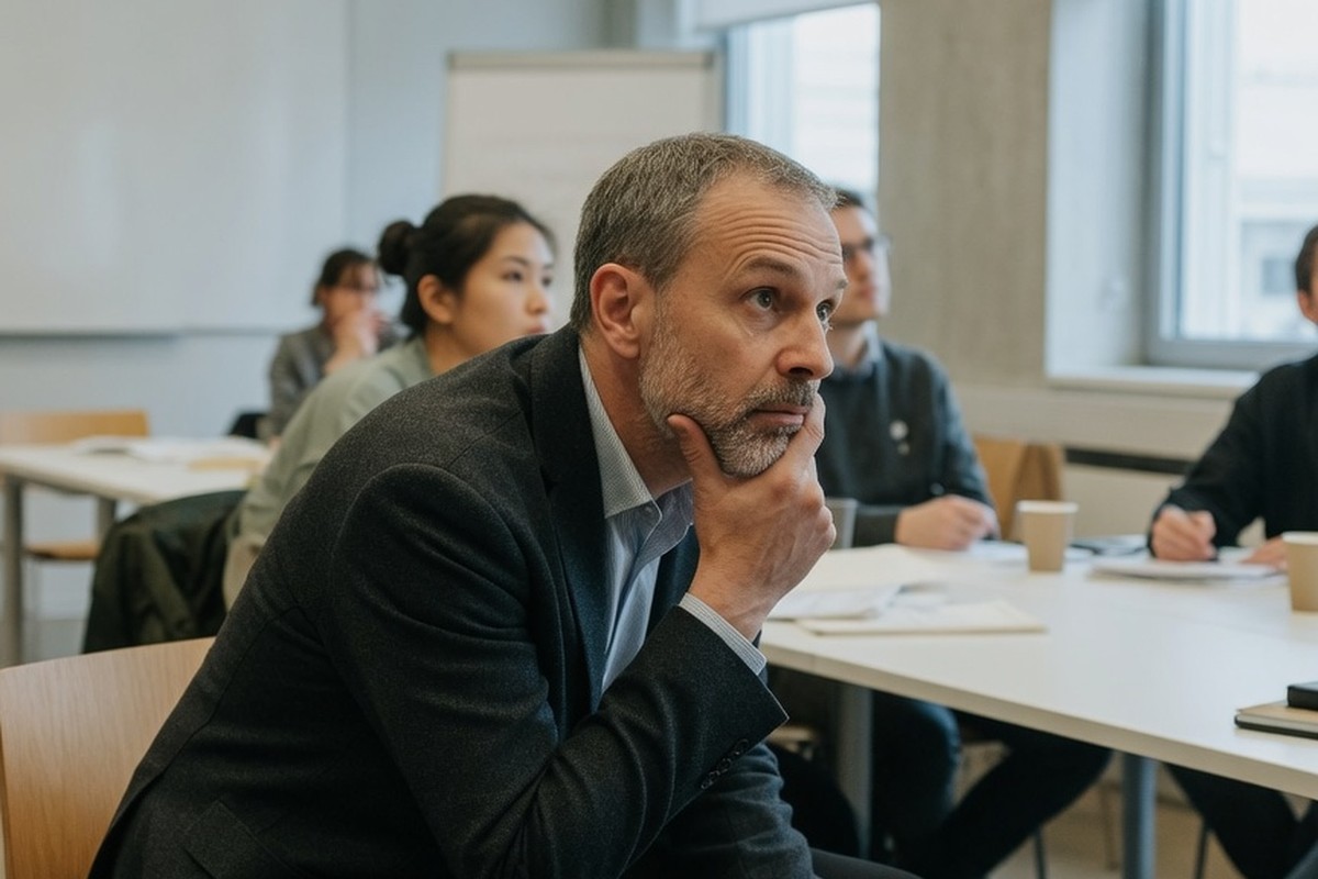 Homme de cinquante ans attentif dans un séminaire universitaire