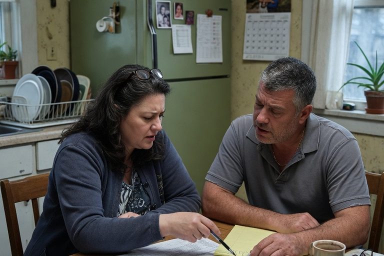 Frère et sœur examinant des documents de succession à table