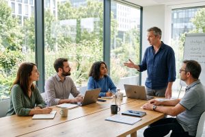 Manager animant une réunion d'équipe et échangeant avec ses collaborateurs autour d'une table
