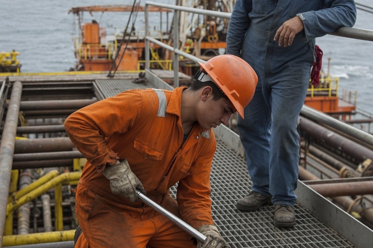 Jeune ouvrier serrant un boulon sur une plateforme pétrolière en mer
