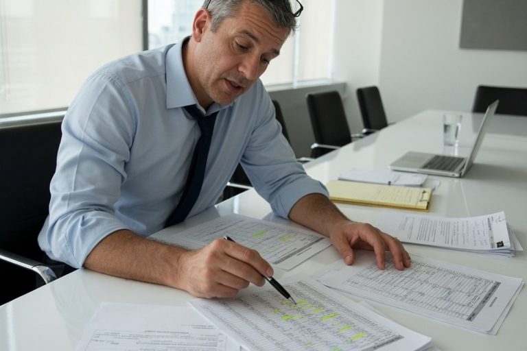Analyste examinant des rapports imprimés près d'une fenêtre dans un bureau moderne