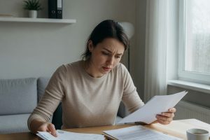 Jeune femme examinant des documents administratifs à une table en bois sous lumière naturelle.