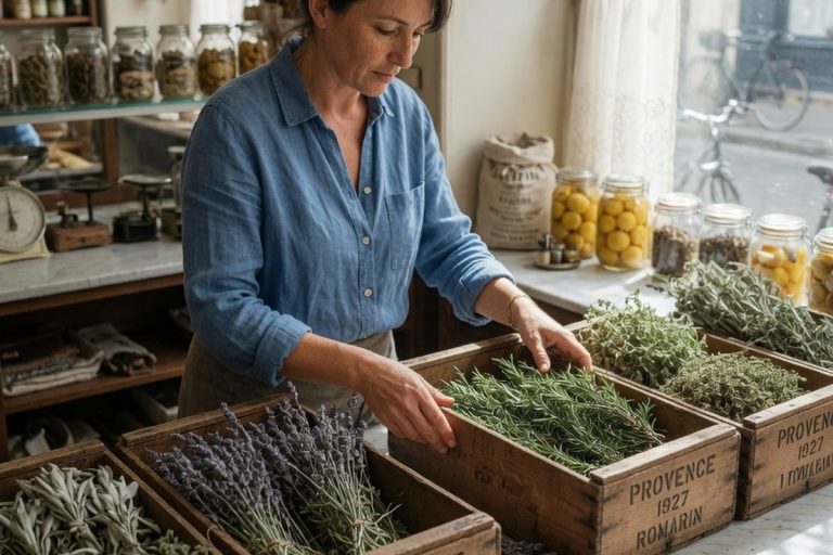 Caisses en bois antique dans une épicerie traditionnelle française