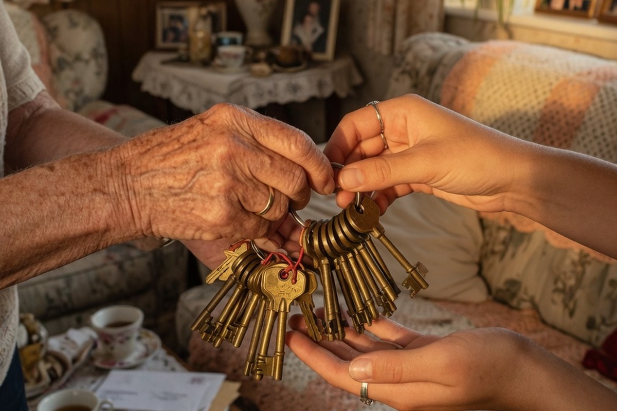 Mains âgées remettant clés de maison à mains jeunes dans salon