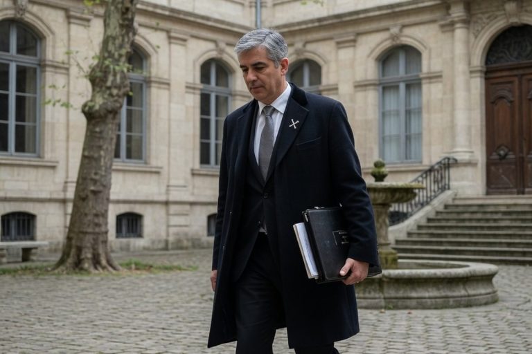Commissaire de justice marchant dans une cour de tribunal historique