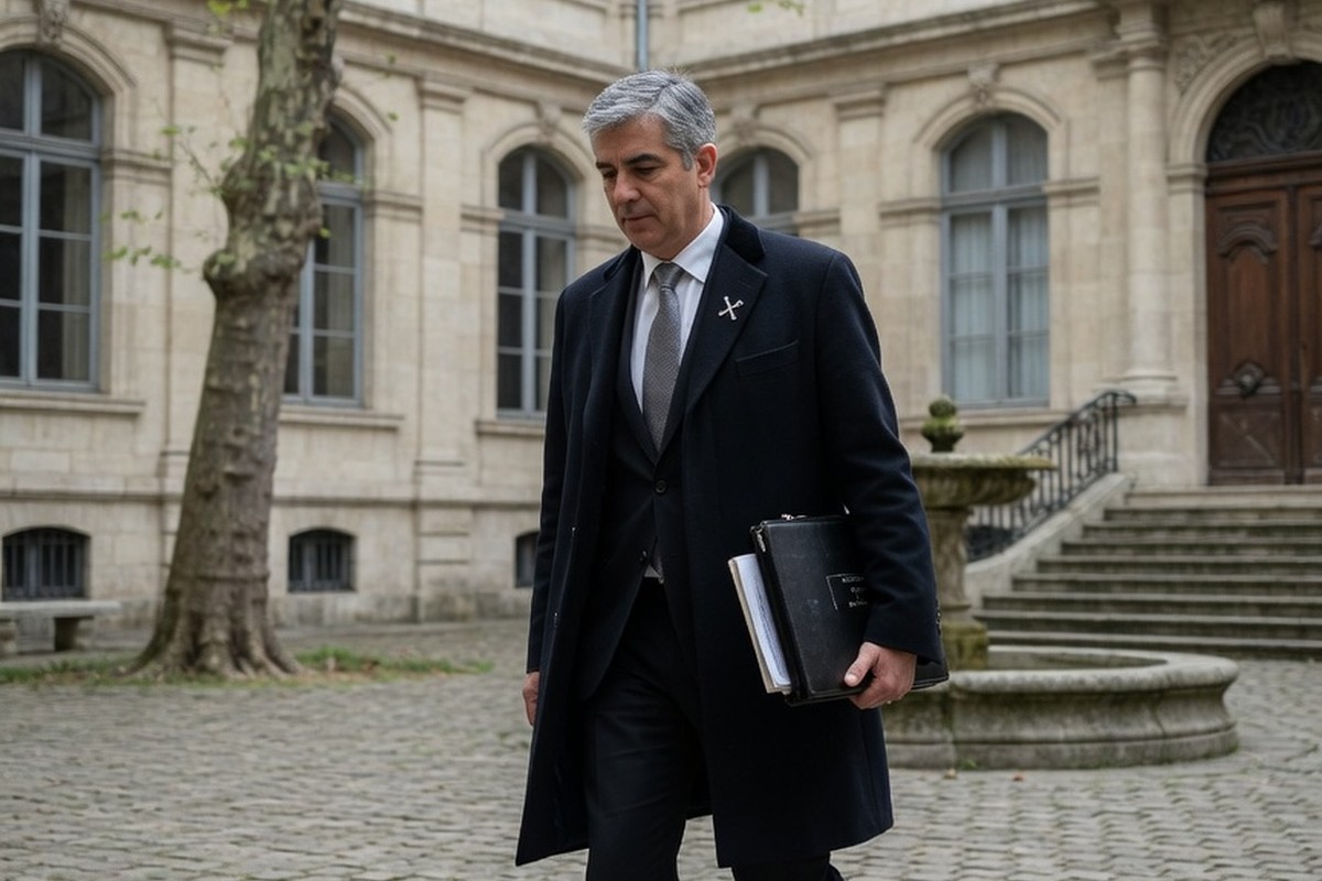Commissaire de justice marchant dans une cour de tribunal historique