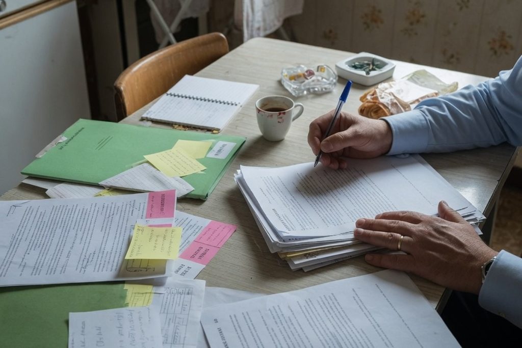 Commissaire de justice examinant des documents dans un appartement