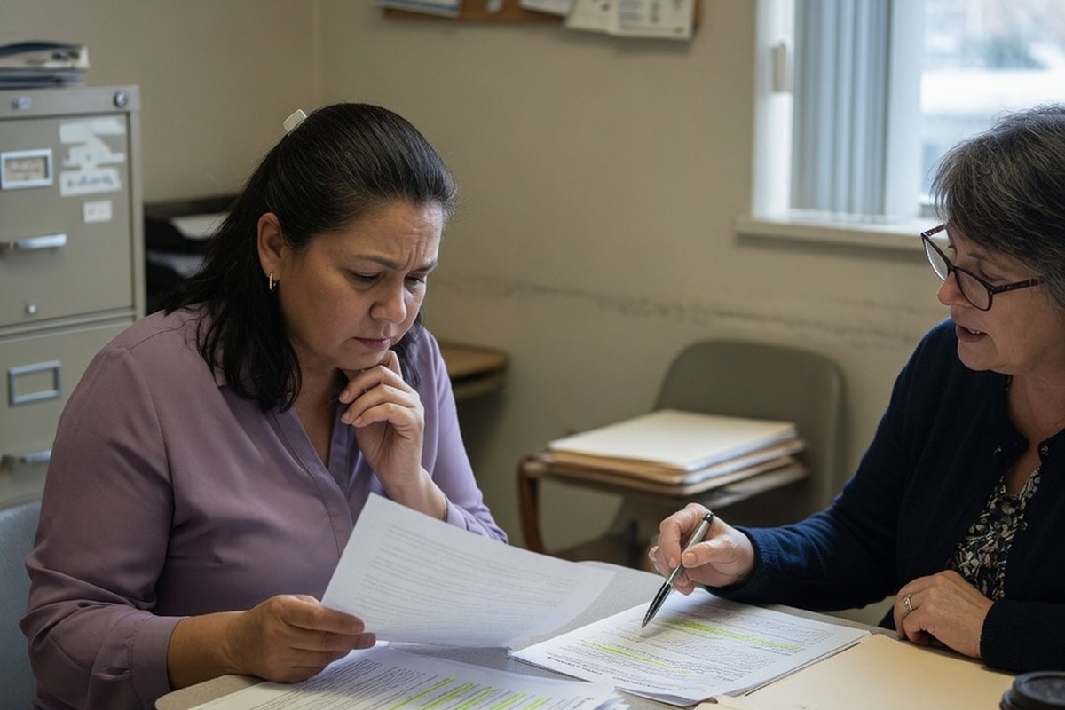 Femme discutant avec un conseiller de documents imprimés dans un bureau