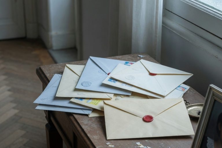 Enveloppes non ouvertes posées sur une console dans un couloir