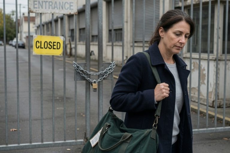 Femme marchant devant portail fermé d'entreprise un jour de semaine