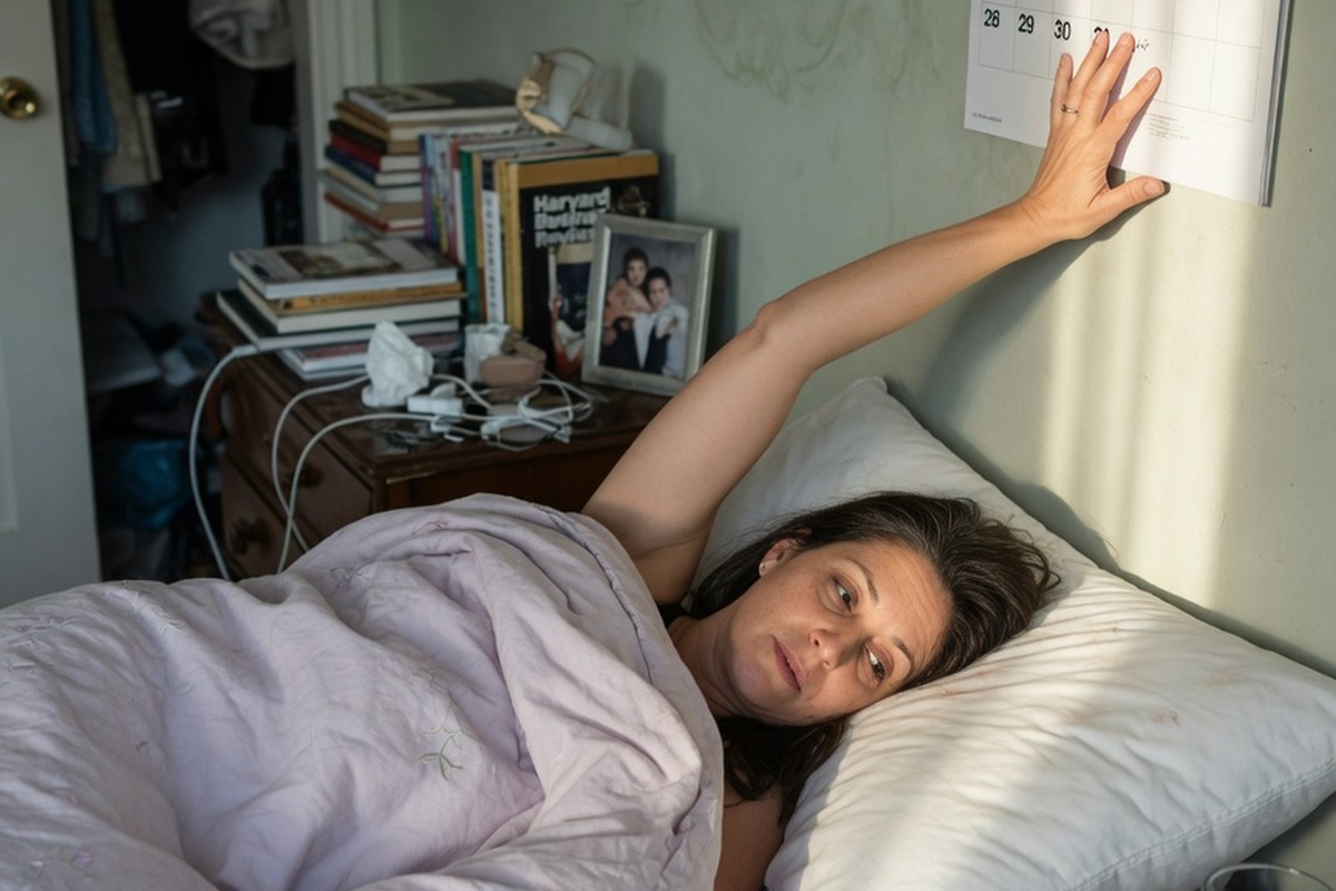 Femme au lit avec calendrier mural indiquant le premier jour