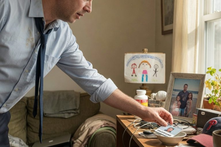 Homme plaçant son badge professionnel dans un salon lumineux