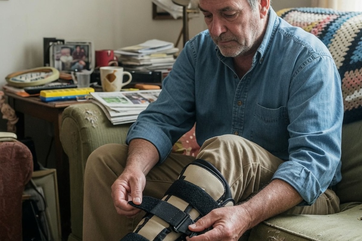 Homme ajustant son attelle dans un salon lumineux
