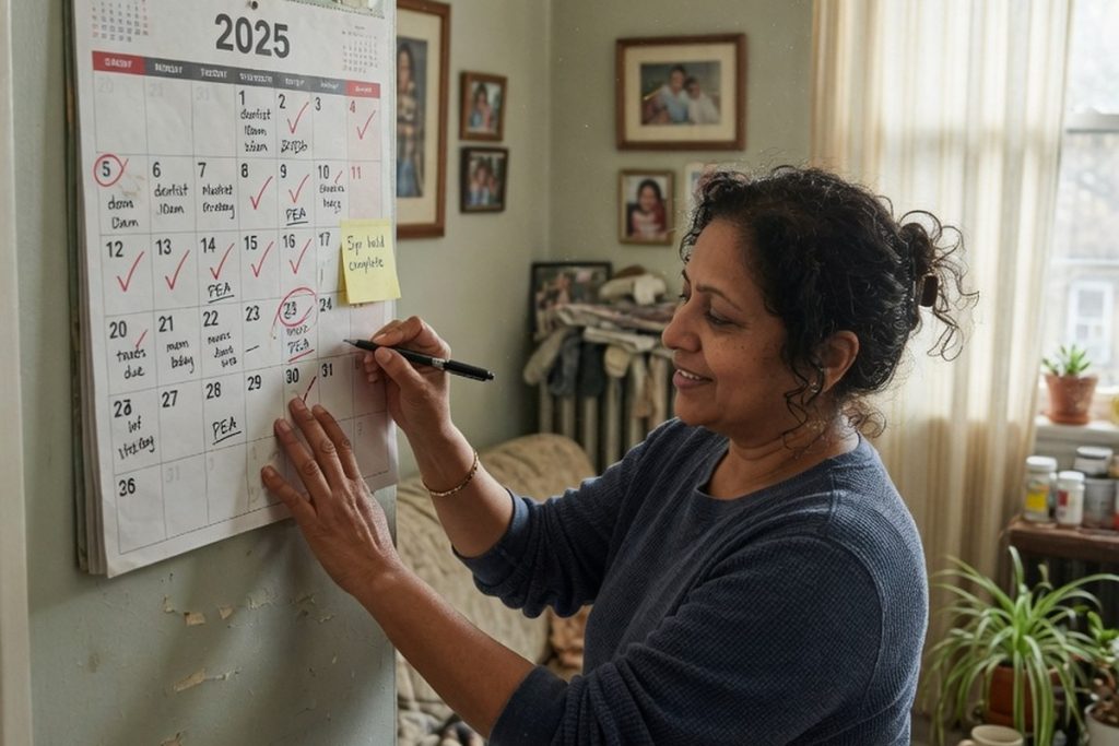 Personne marquant cinq ans sur calendrier dans salon lumineux