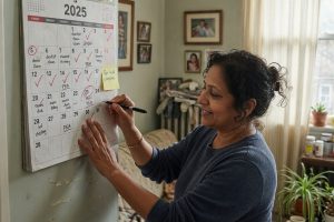 Personne marquant cinq ans sur calendrier dans salon lumineux