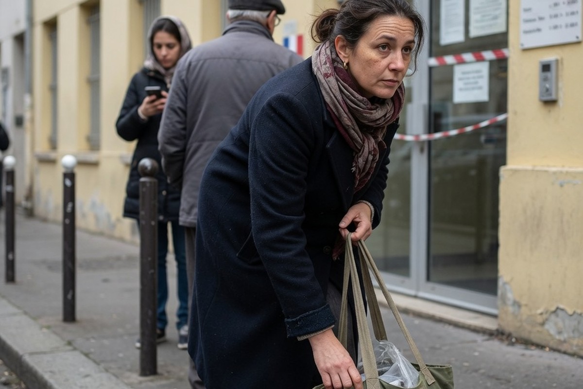 Femme patiente dans la file devant un bâtiment administratif
