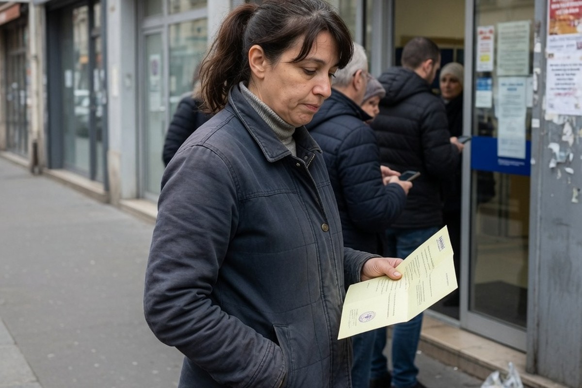 Femme faisant la queue devant une agence France Travail sous ciel couvert