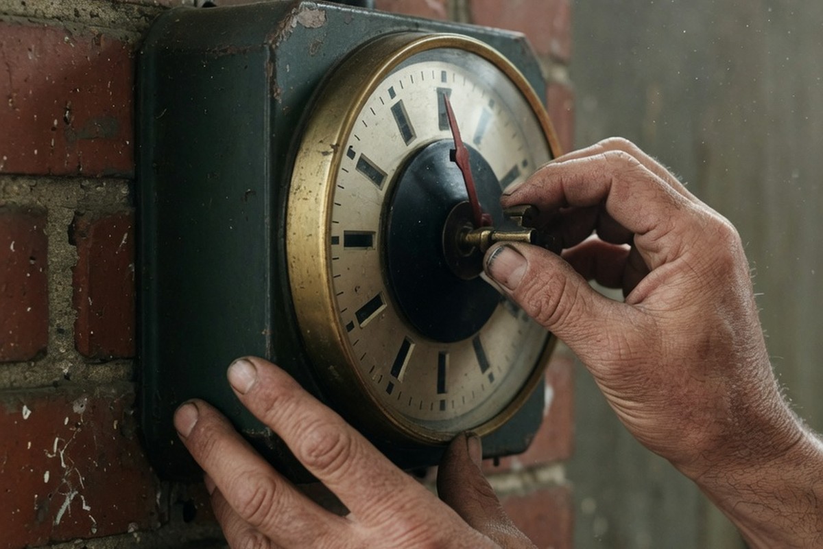 Mains ajustant une horloge pointeuse d'usine vintage à la lumière douce.