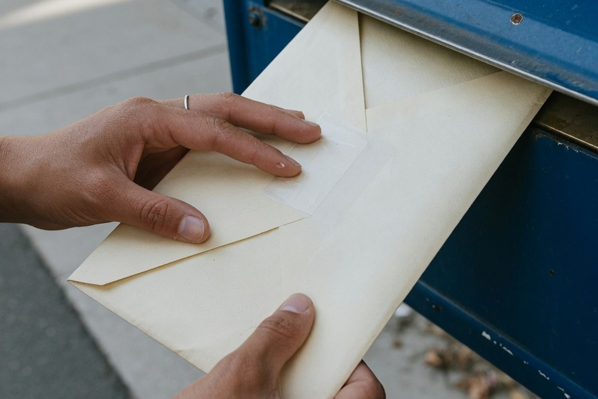 Mains glissant une enveloppe scellée dans une boîte aux lettres