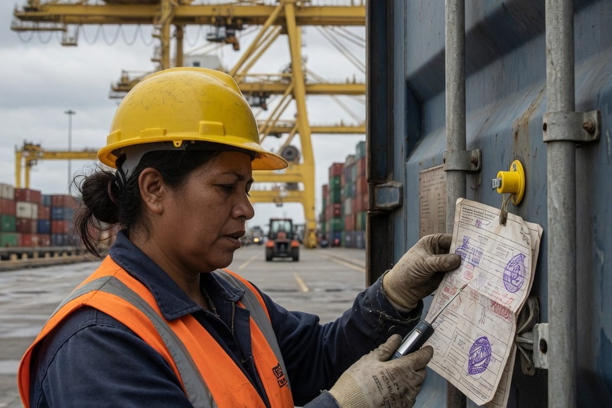 Technicien vérifiant le scellé d'un conteneur au port sous lumière grise.