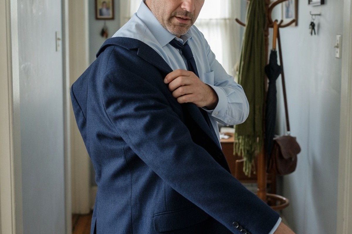 Homme enfilant une veste dans un couloir domestique éclairé naturellement.