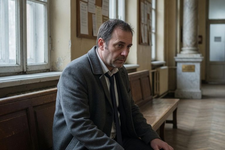 Homme assis dans un hall administratif en attente d'une décision