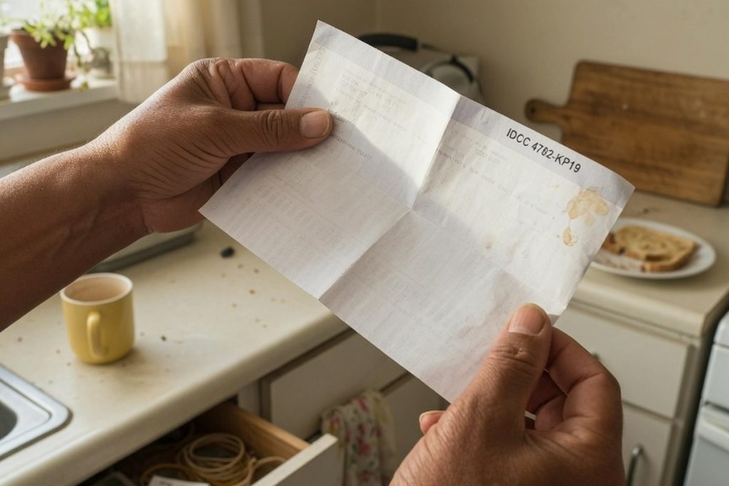Mains tenant un bulletin de paie près d'une fenêtre lumineuse