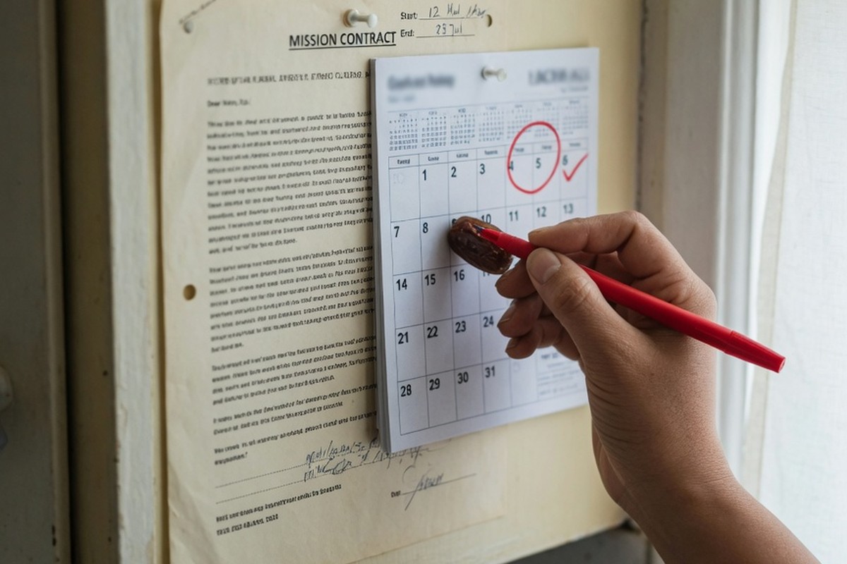 Main sur calendrier marquant date de mission et jour férié à la maison.