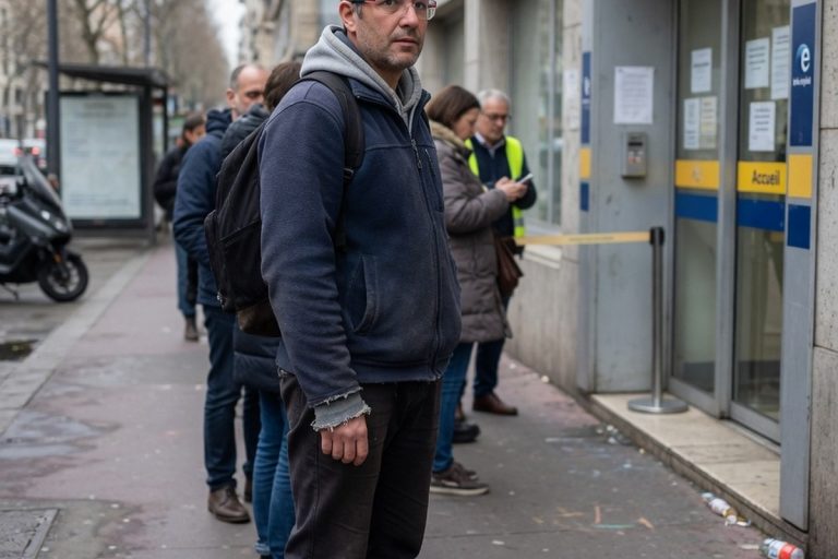 Homme en file d'attente devant une agence Pôle Emploi après CDD
