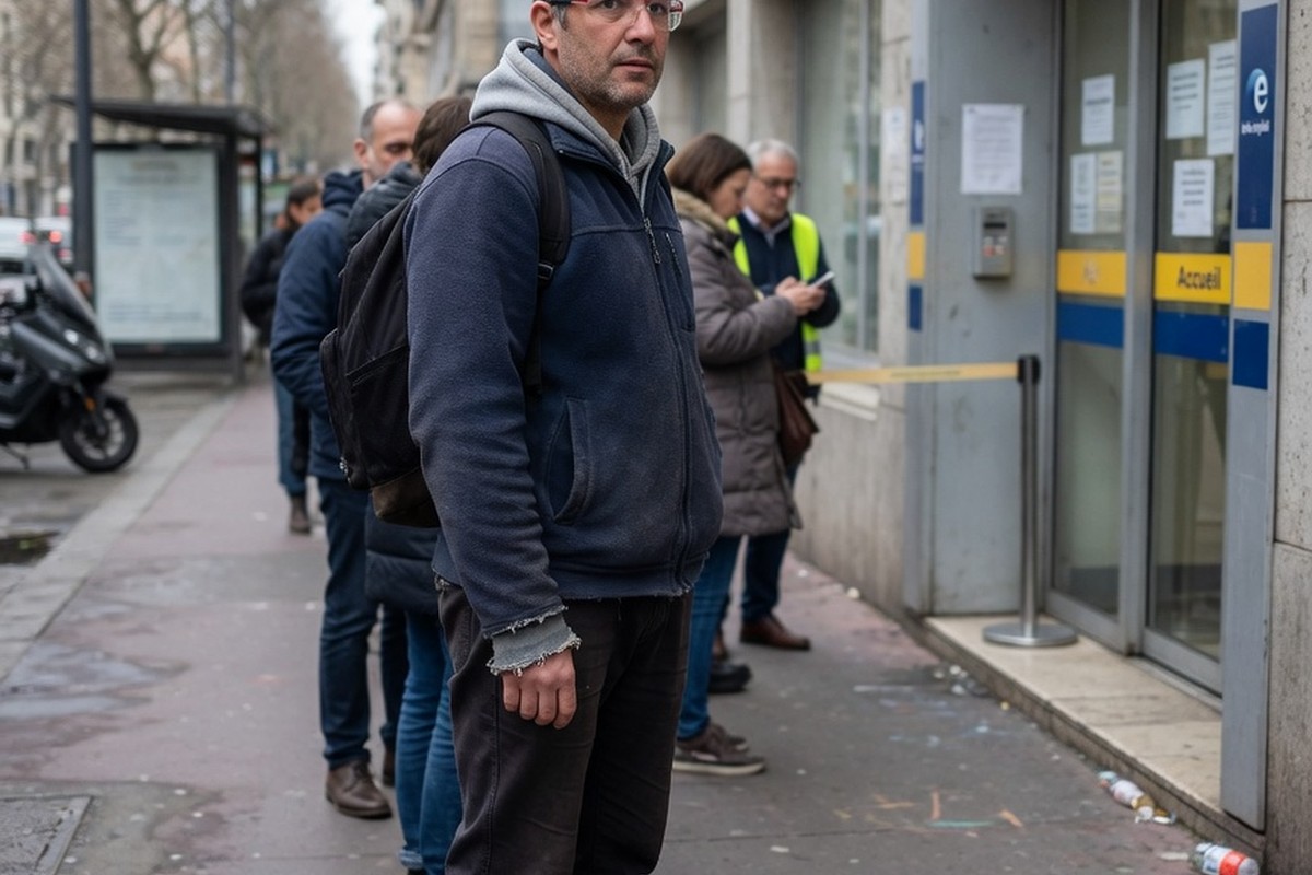 Homme en file d'attente devant une agence Pôle Emploi après CDD
