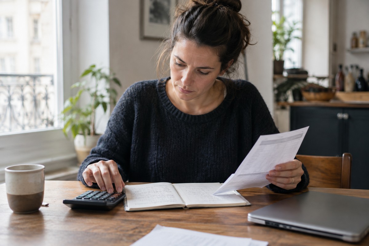 Une femme à son domicile compare son bulletin de salaire à temps partiel et calcule le montant de son allocation chômage avec une calculatrice.