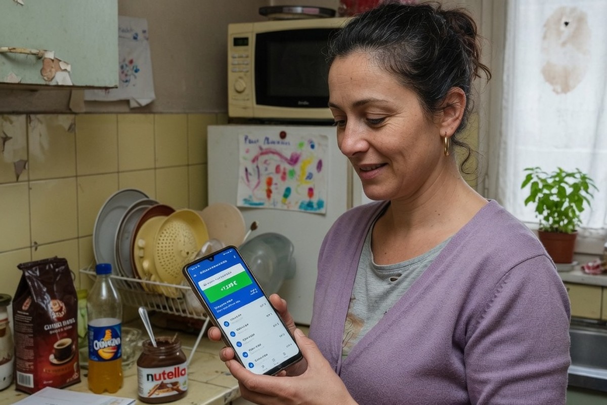 Femme consultant son téléphone dans une cuisine pour les virements RSA et salaire