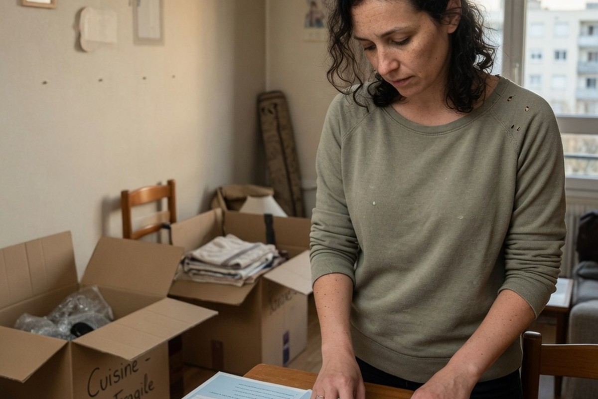 Femme rangeant simulation aide au logement dans cartons de déménagement
