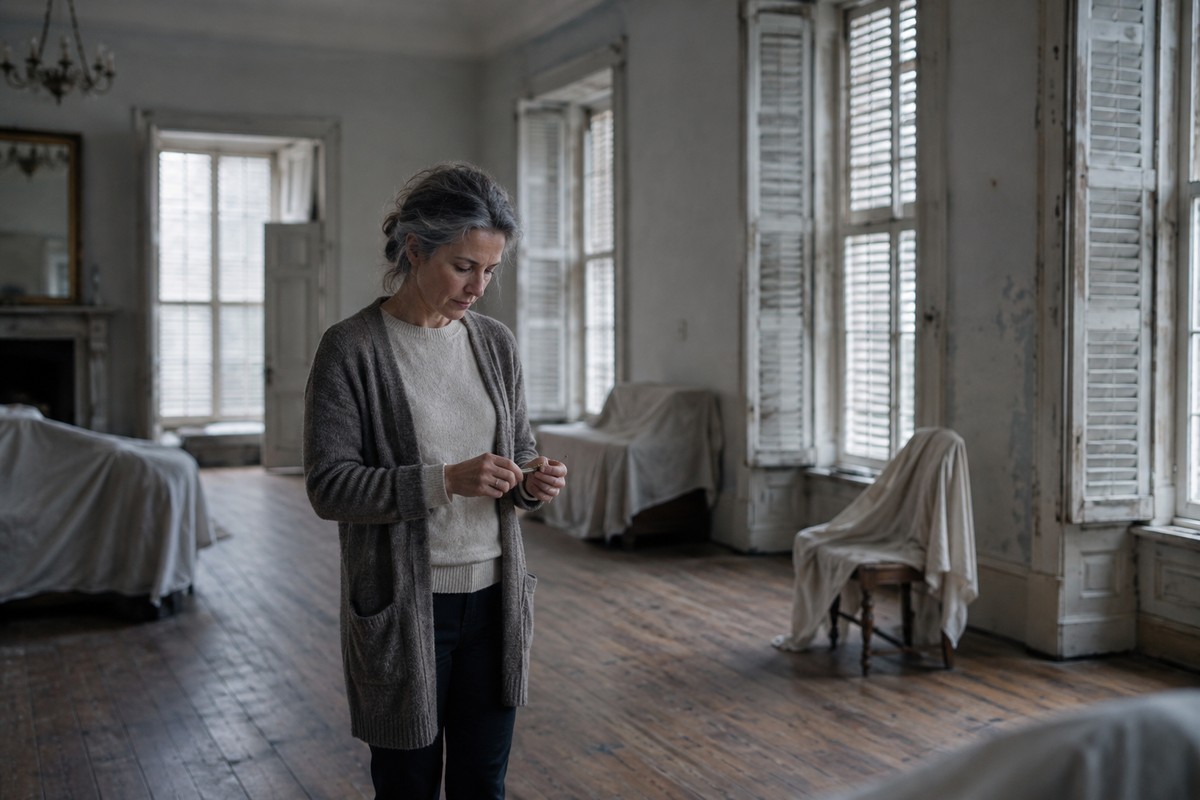 Une femme debout dans une maison héritée vide, une clé ancienne dans la main