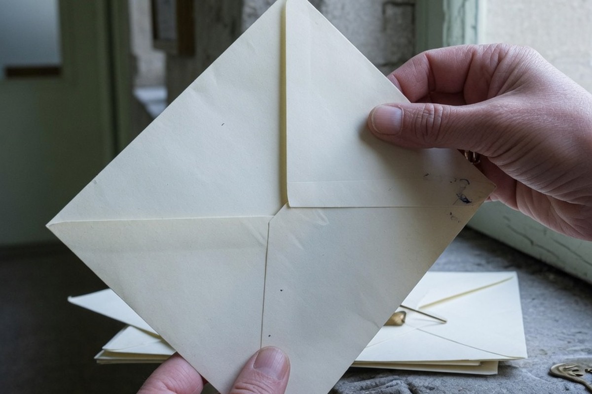 Mains repliant une lettre dans une enveloppe sur rebord de fenêtre