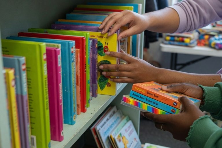 Mains de bénévole triant des livres pour enfants en boutique