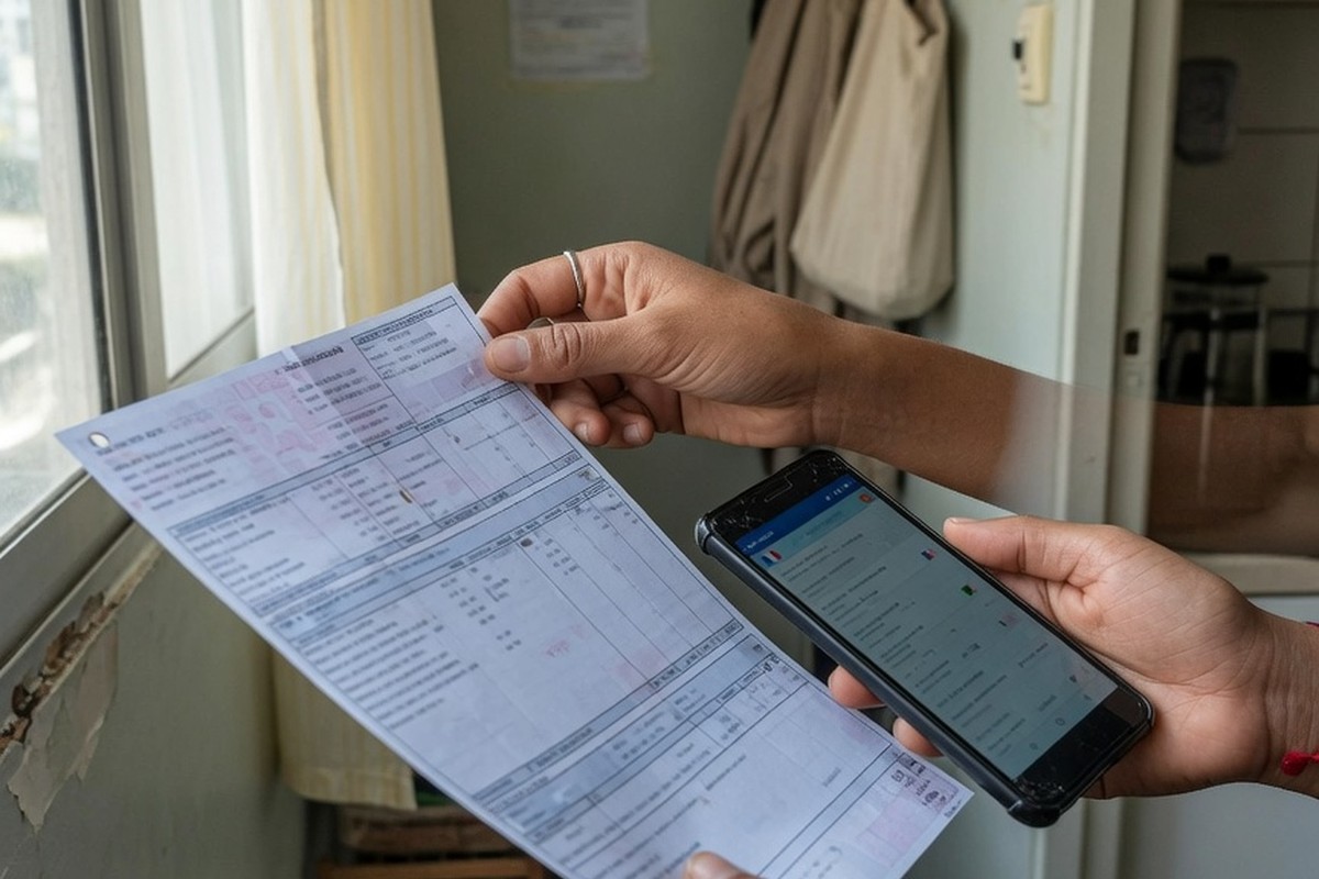 Mains tenant une fiche de paie et un smartphone près d’une fenêtre.