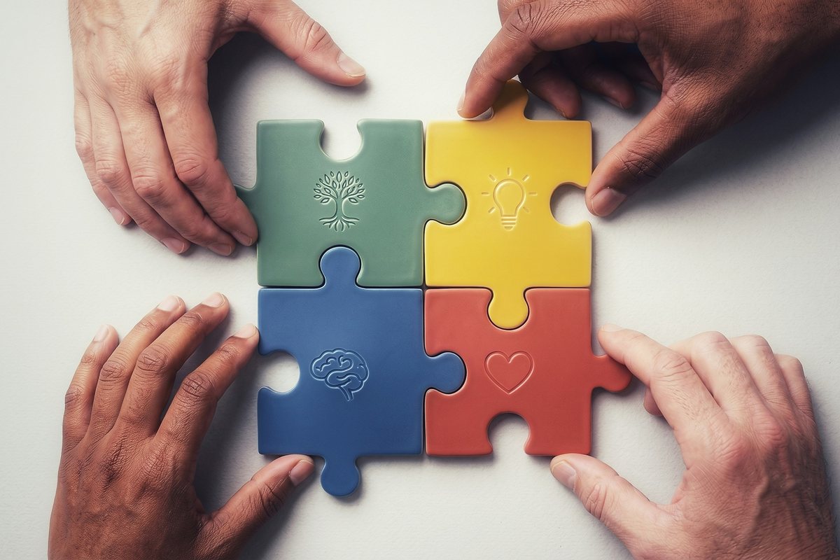 Quatre mains assemblent quatre pièces de puzzle colorées